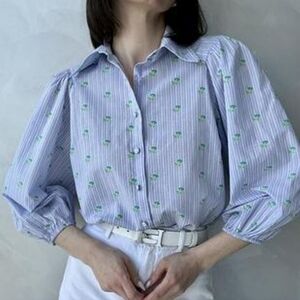 Zara Striped Floral Baloon Sleeve Blouse Size XS